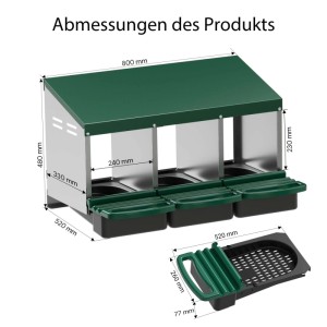 Fudajo Dreier Legenest mit Auffangschale und Maßangaben, geeignet für Hühnerställe.