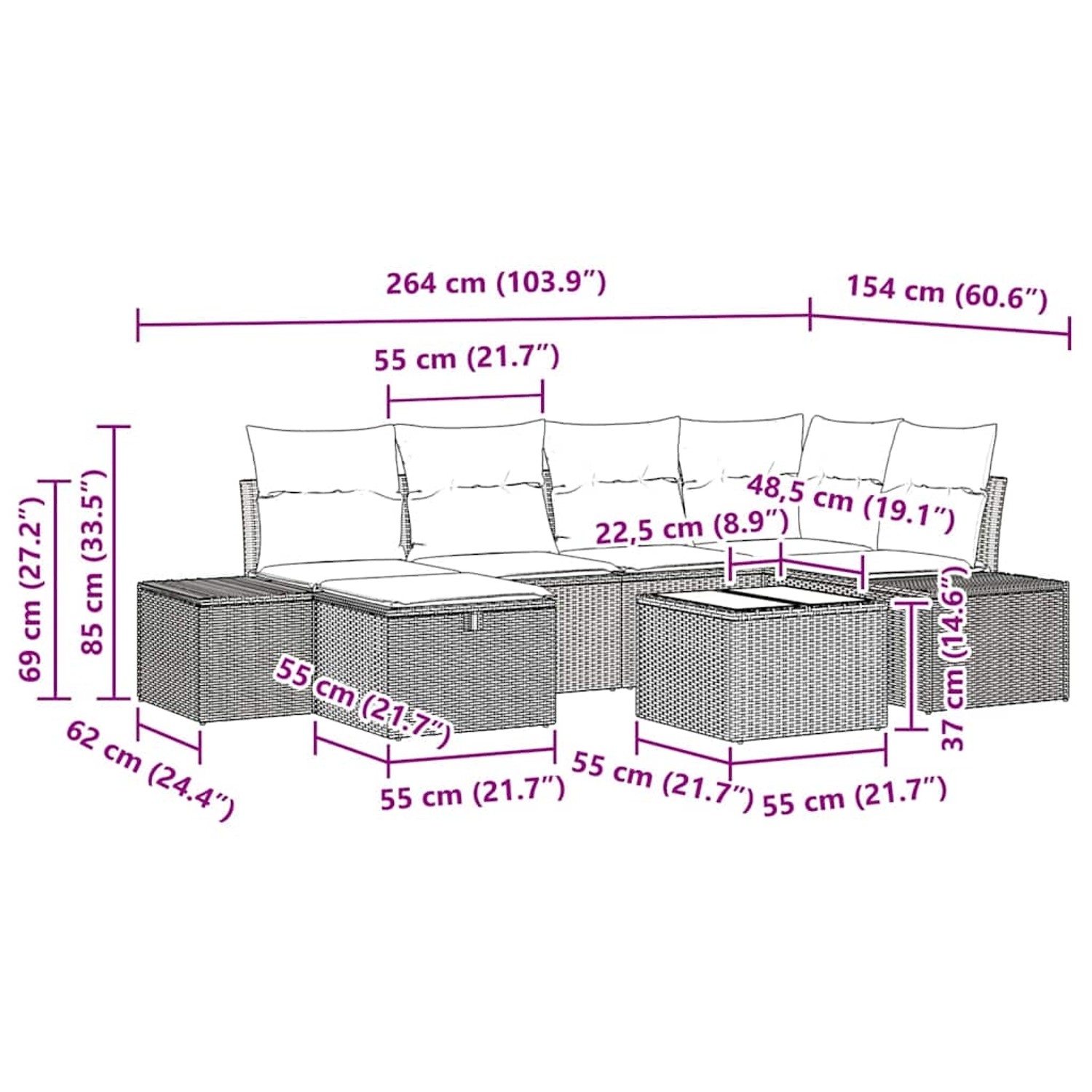 vidaXL 7-teiliges Garten-Sofa-Set Beige Poly Rattan mit Maßangaben.