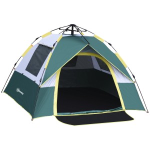 Olivgrünes Outsunny 3-Personen-Zelt mit Fenster und gelben Akzenten. Ideal für Camping.