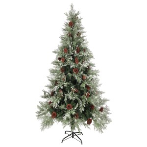 Grüner, künstlicher Weihnachtsbaum (225 cm) mit weißen Spitzen und Zapfen für festliche Stimmung.