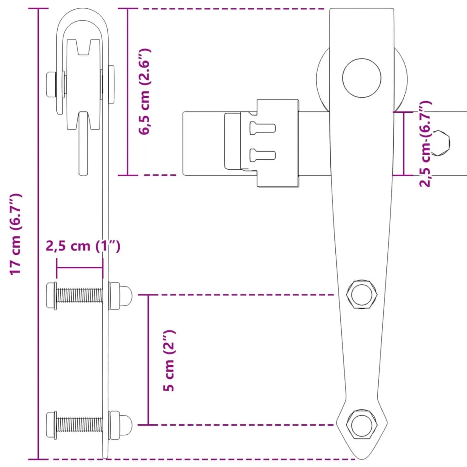 vidaXL Mini Schiebetürbeschlag Set 122cm, Carbonstahl, Maße der Einzelteile