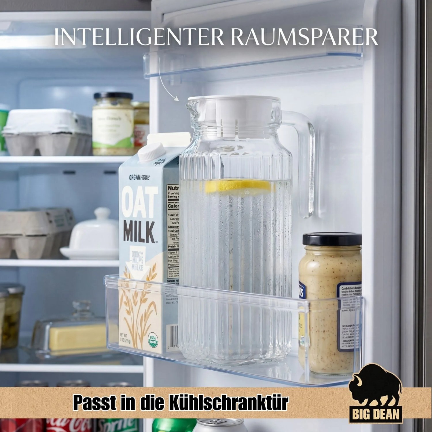 BigDean 2 Stück Kühlschrankkrug 1,1 Liter Glas Wasserkrug mit Deckel Ergonomischer Griff_2