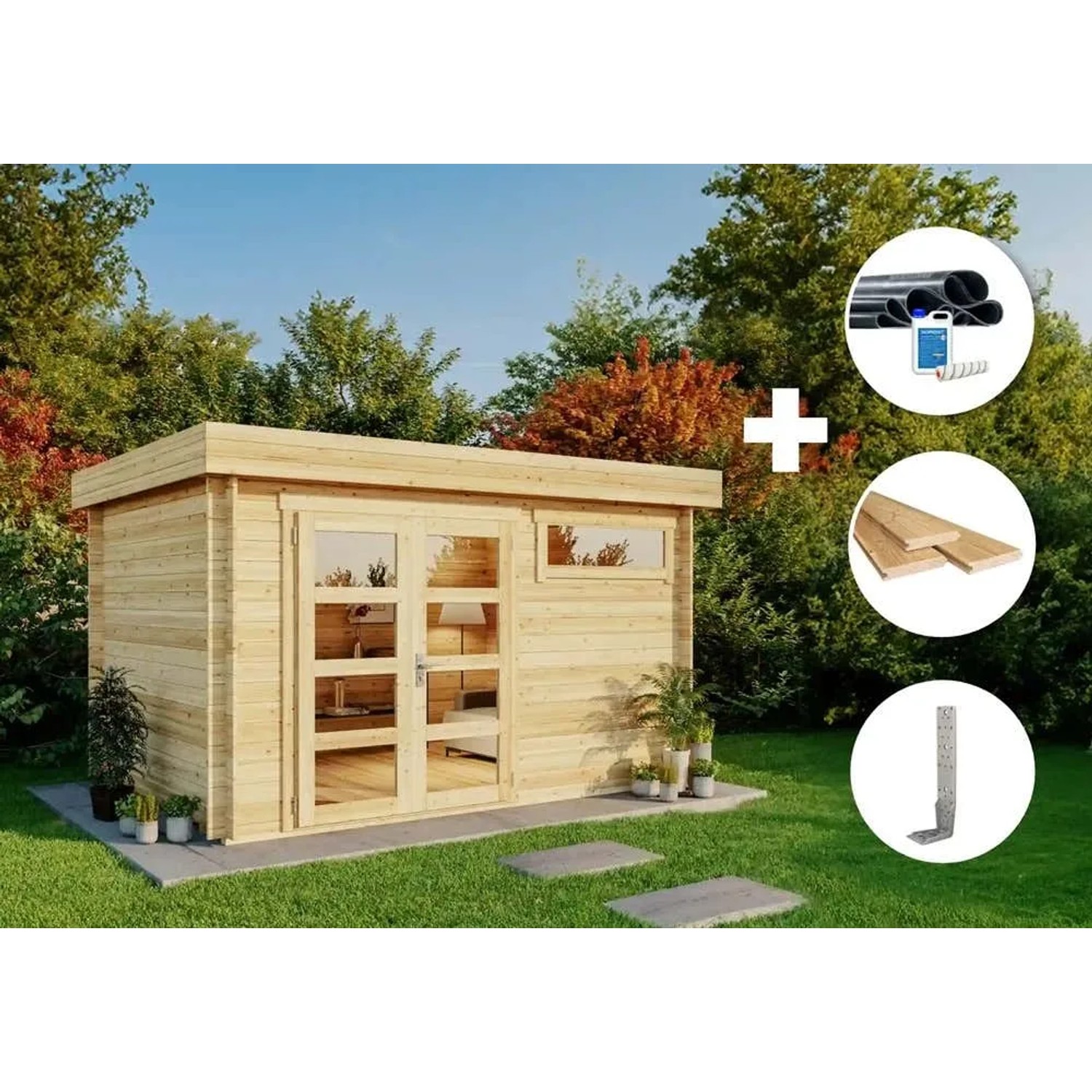 Alpholz Gartenhaus Set Leandro-28 naturbelassen mit Dacheindeckung und Fußboden.