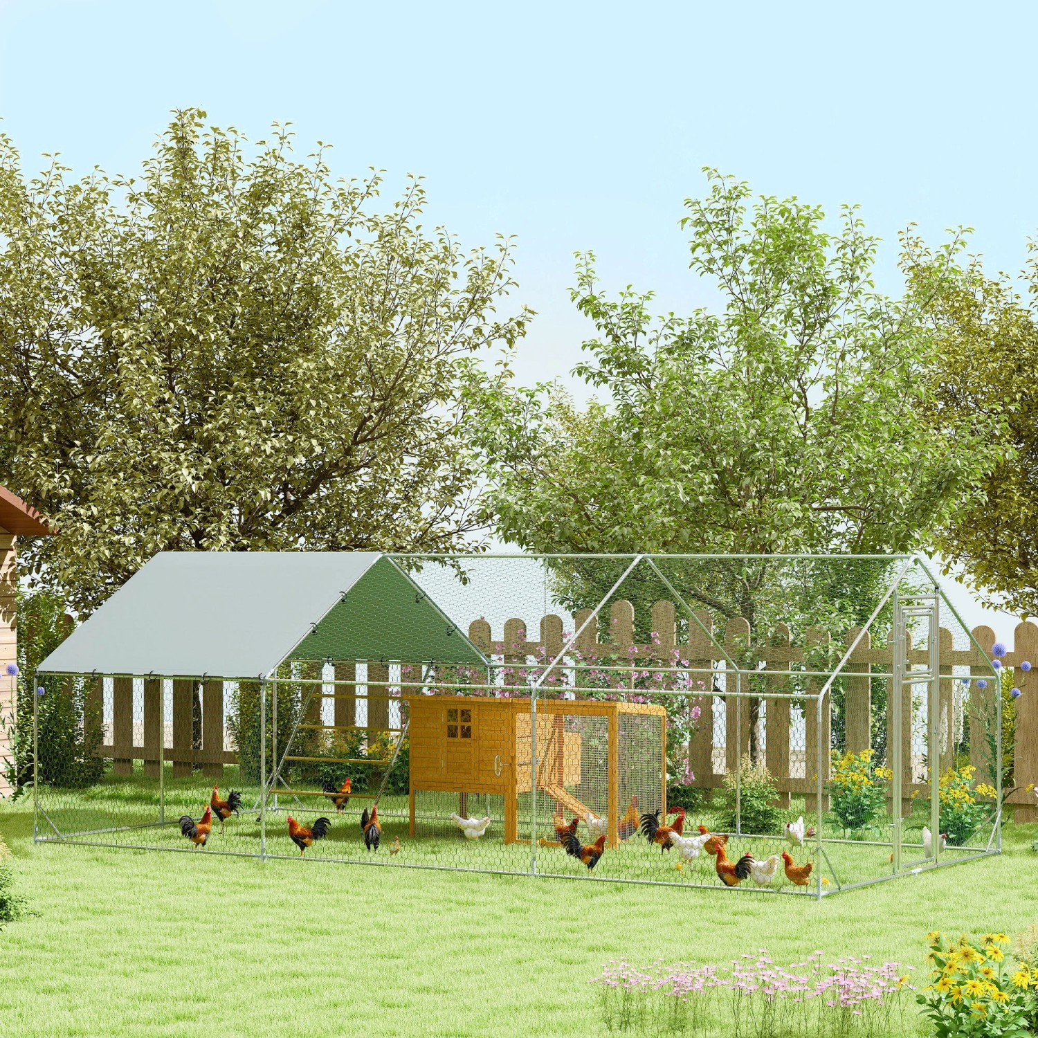 PawHut Hühnerstall mit verzinktem Stahlrahmen, Stahlgitter und Stoffdach im Garten.