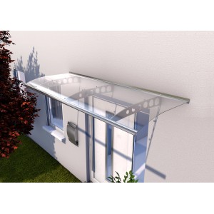 Pultvordach PT/ET mit Edelstahloptik und klarer Acrylglas-Abdeckung über einer Haustür.