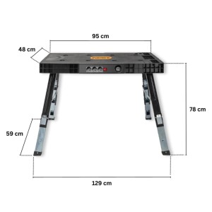 FUXTEC 5in1 Universal-Werkbank, aufgebaut 129x59x78 cm. Robuste, klappbare Werkstatteinrichtung mit Stromleiste.