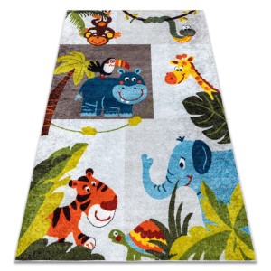 Grauer Kinderteppich mit bunten Dschungeltieren wie Elefant, Giraffe, Tiger und Affe. Ideal fürs Kinderzimmer.