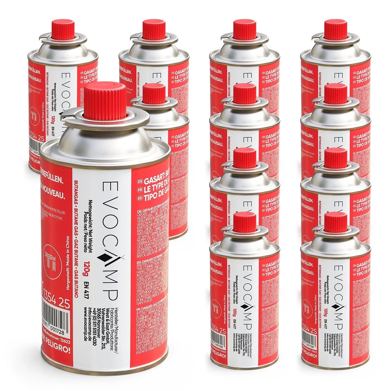 Evocamp Gaskartusche 12x 120g Butangas Kartusche für Campingkocher und Gasbrenner mit Selbstdichtendem Bajonettventil