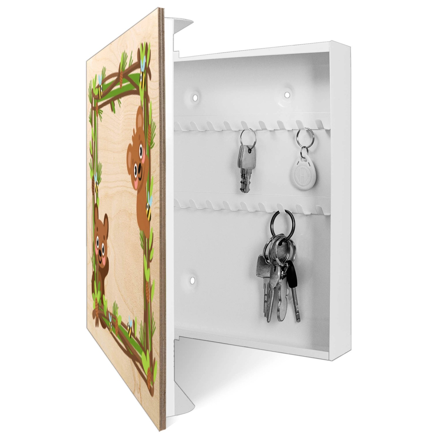 Banjado Schlüsselkasten mit Waldtier-Motiv, 30x30cm, weiße Box mit 50 Haken für Schlüsselaufbewahrung.