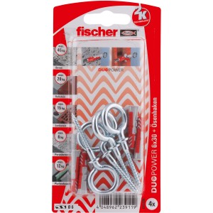 Fischer Dübel DuoPower 6x30 mit Ösenhaken, 4er-Pack. Universaldübel für sicheren Halt in verschiedenen Baustoffen.