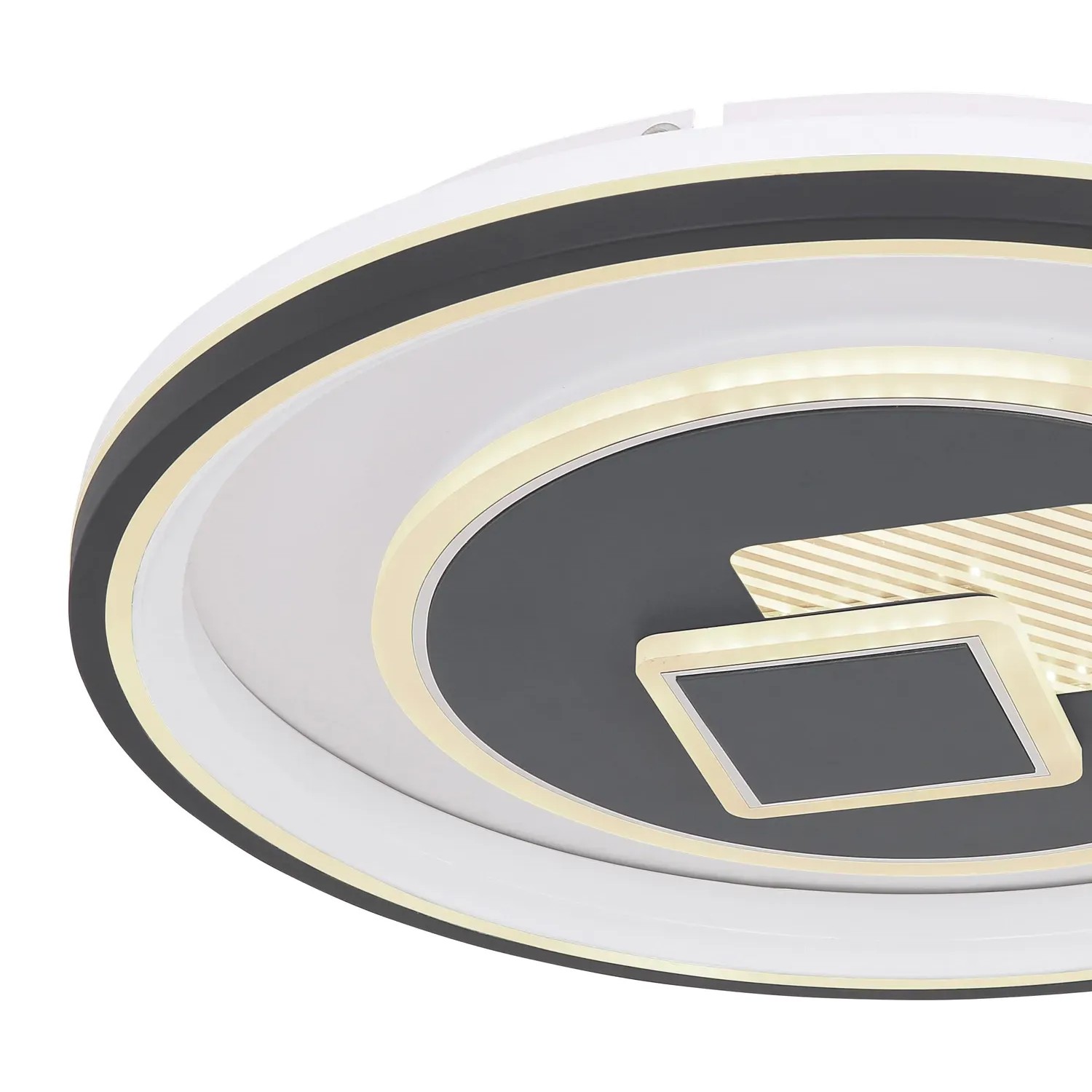 Moderne LED-Deckenleuchte Sundi, weiß/graphit, Ø 50cm, dimmbar mit Fernbedienung.
