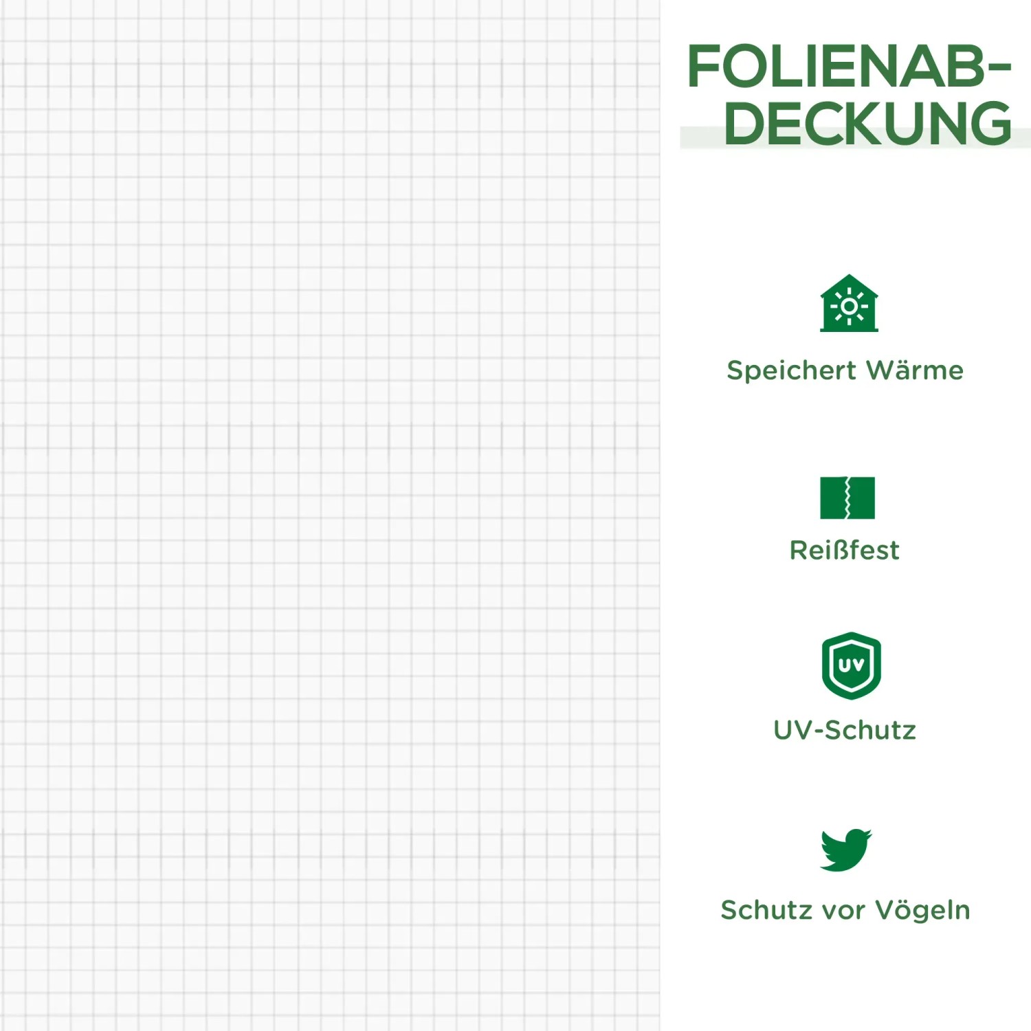 Foliengewächshaus: Vorteile der Folienabdeckung – Wärmespeicherung, Reißfestigkeit, UV-Schutz, Schutz vor Vögeln.