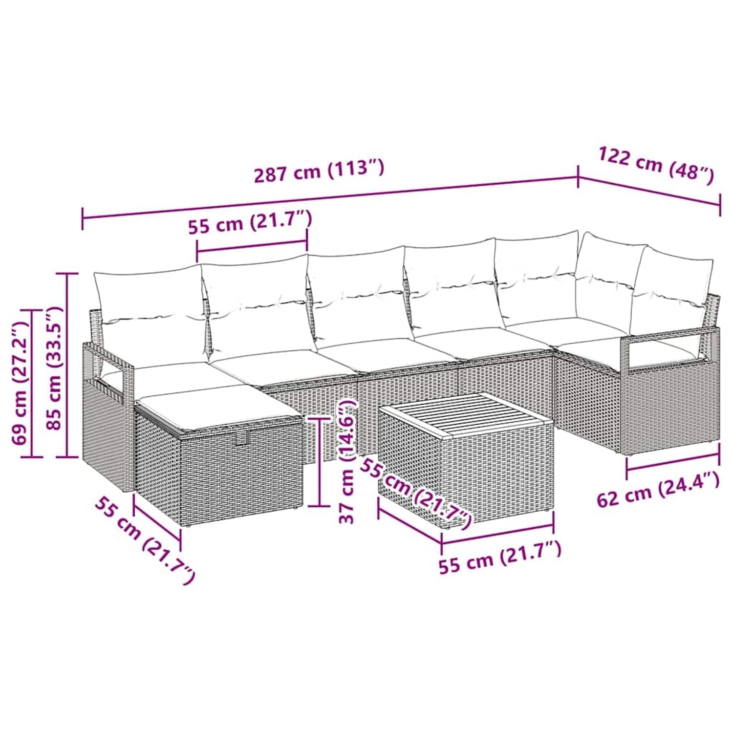 Beiges 8-tlg. Garten-Sofa-Set mit Kissen und Stauraum aus Polyrattan von vidaXL.