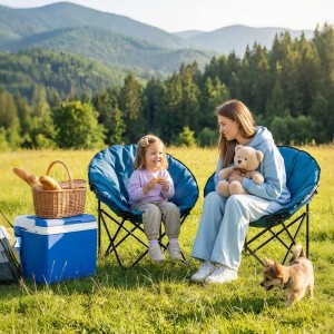 Zwei Personen sitzen in blauen Sekey Moonchair Campingstühlen auf einer Wiese.