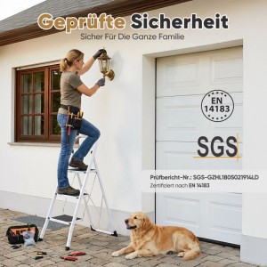 Frau auf weißer 3-Stufen Klappleiter montiert Lampe. Rutschfeste Haushaltsleiter mit Lock Klappsperre, stabil & sicher.