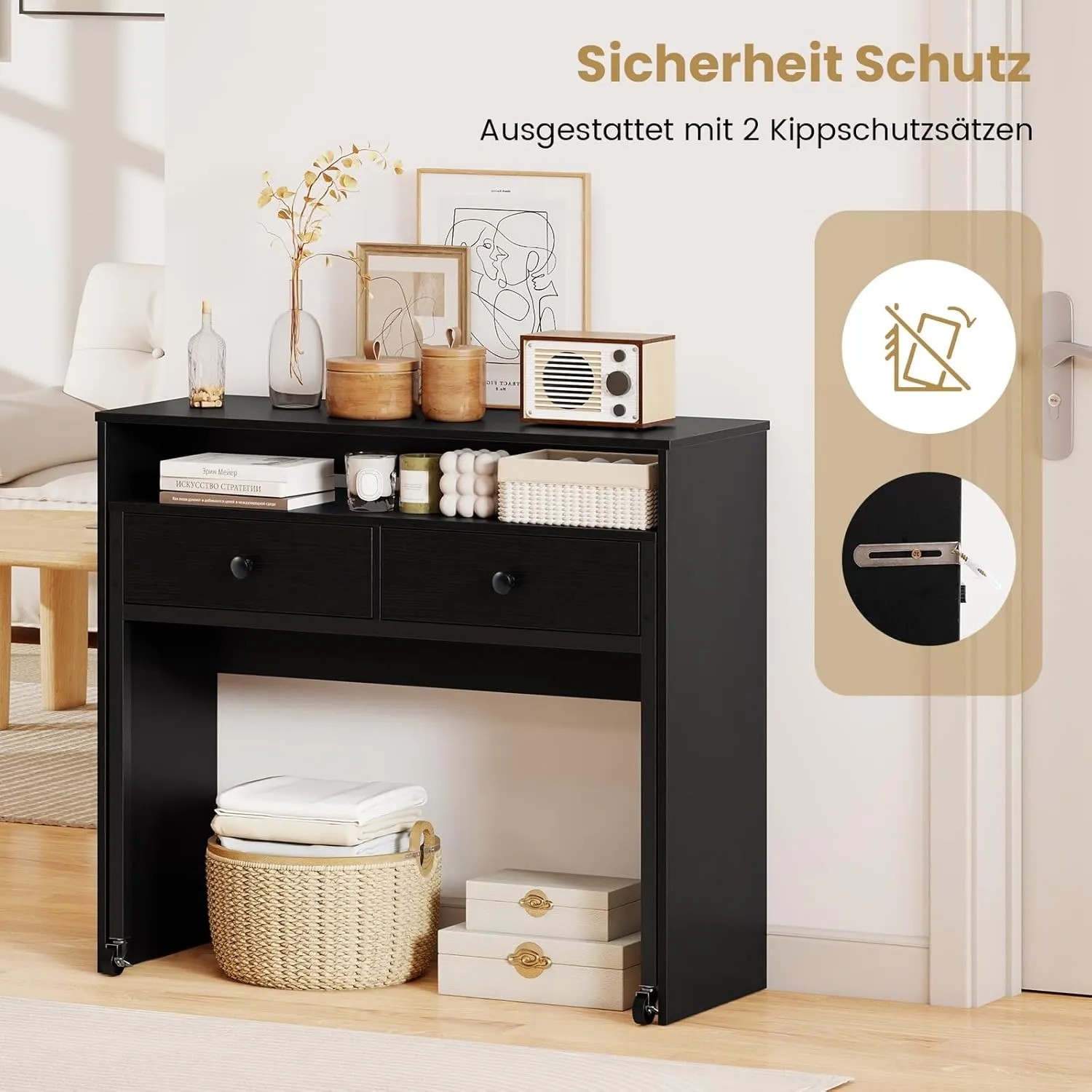 Costway Schreibtisch, ausziehbar, mit Metallrahmen, schwarz. Kompakter Computertisch mit Schubladen und Rollen.