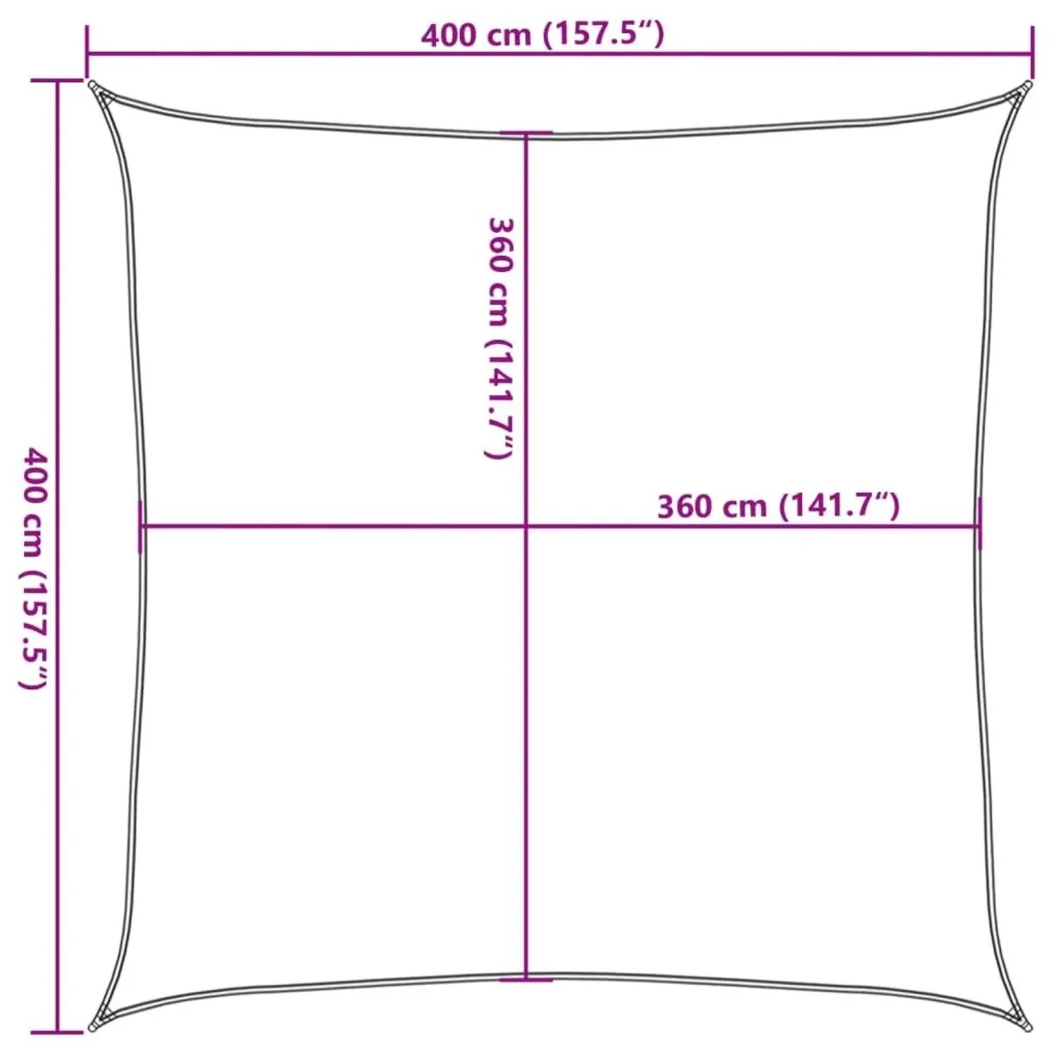 Quadratisches hellgraues Sonnensegel 4x4 m. Außenmaß 400 cm, Innenmaß 360 cm.