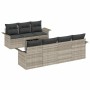 8-tlg. Garten-Sofagarnitur Hellgrau Poly Rattan mit grauen Kissen für 6 Personen.
