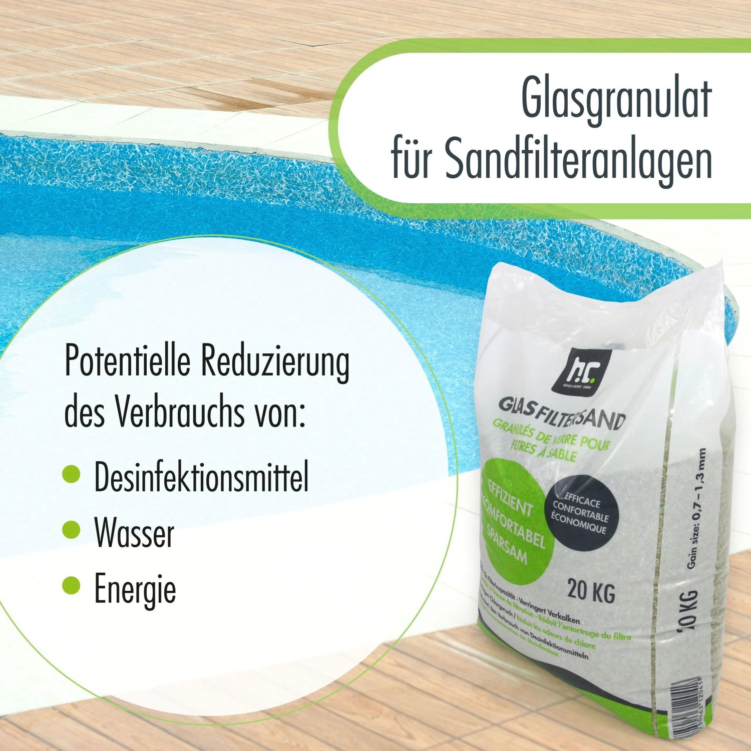 Höfer Chemie Glasgranulat 20kg für Sandfilteranlagen im Pools, Körnung 0,7-1,3mm.