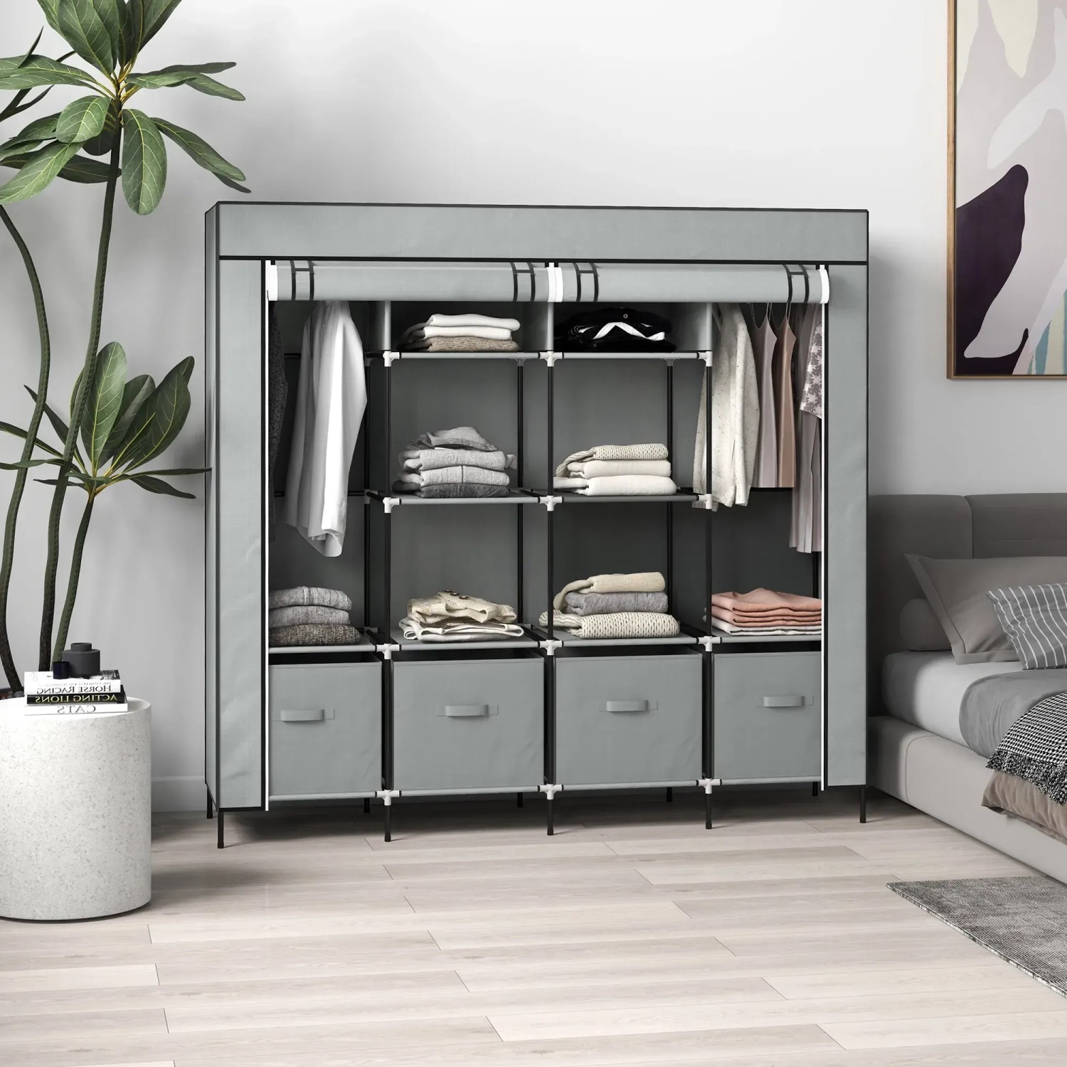 Dunkelgrauer HOMCOM Stoffschrank mit Kleiderstange, Ablagefächern und Schubladen. Praktischer Schrank für Schlafzimmer.