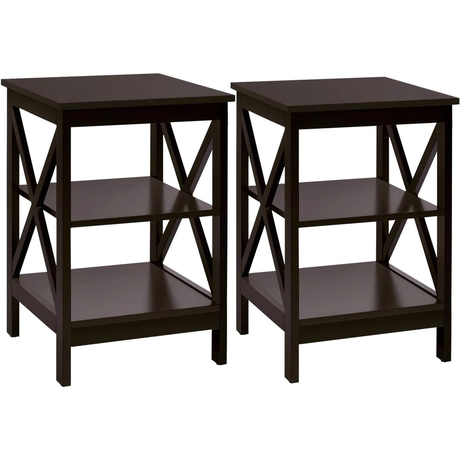 Costway Nachttisch 3 Ebenen 2er Set Beistelltisch X-förmig Braun