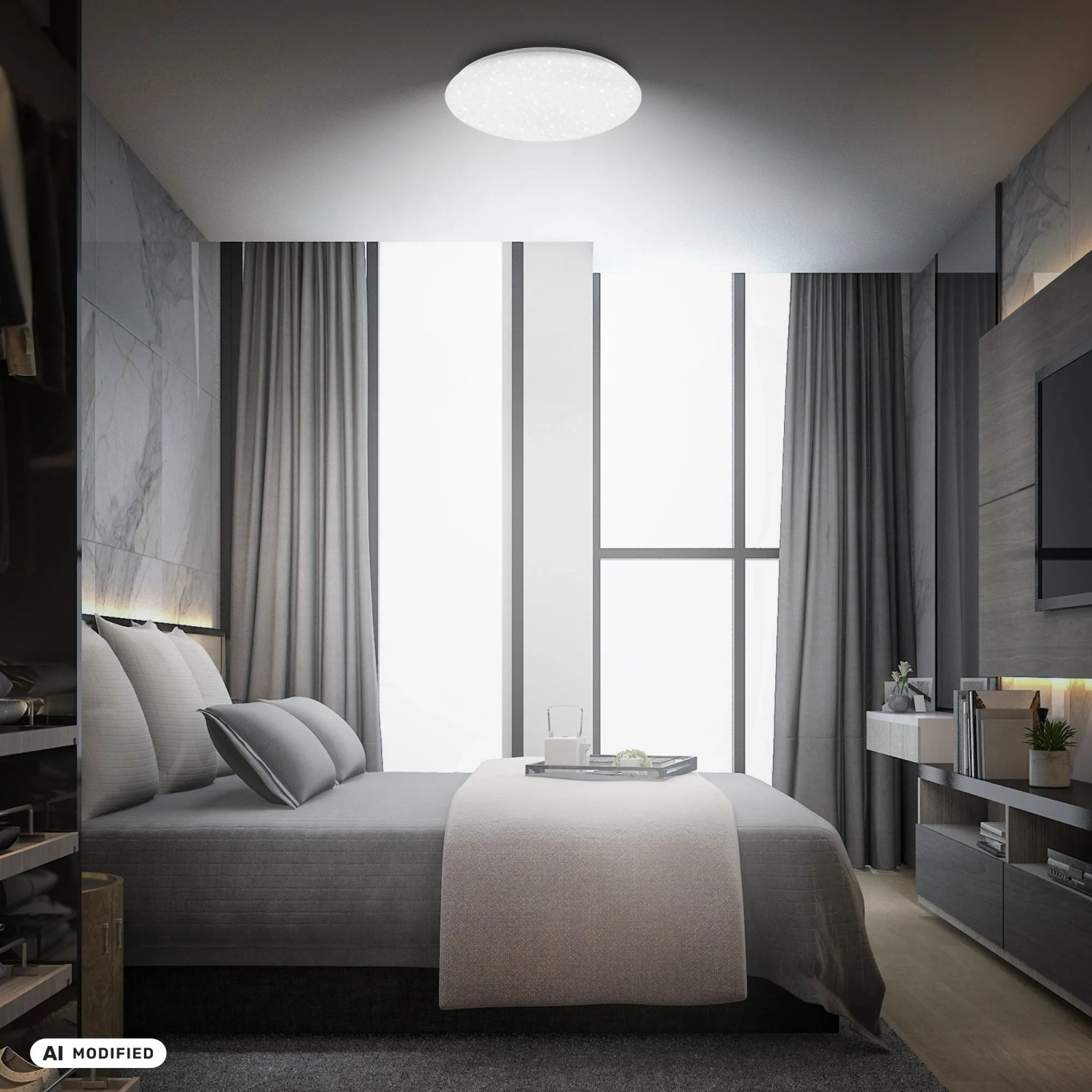 Runde, weiße Brilo LED-Deckenleuchte mit Sternenhimmel-Effekt in modernem Schlafzimmer. Helle Beleuchtung, Ø 48,5 cm.