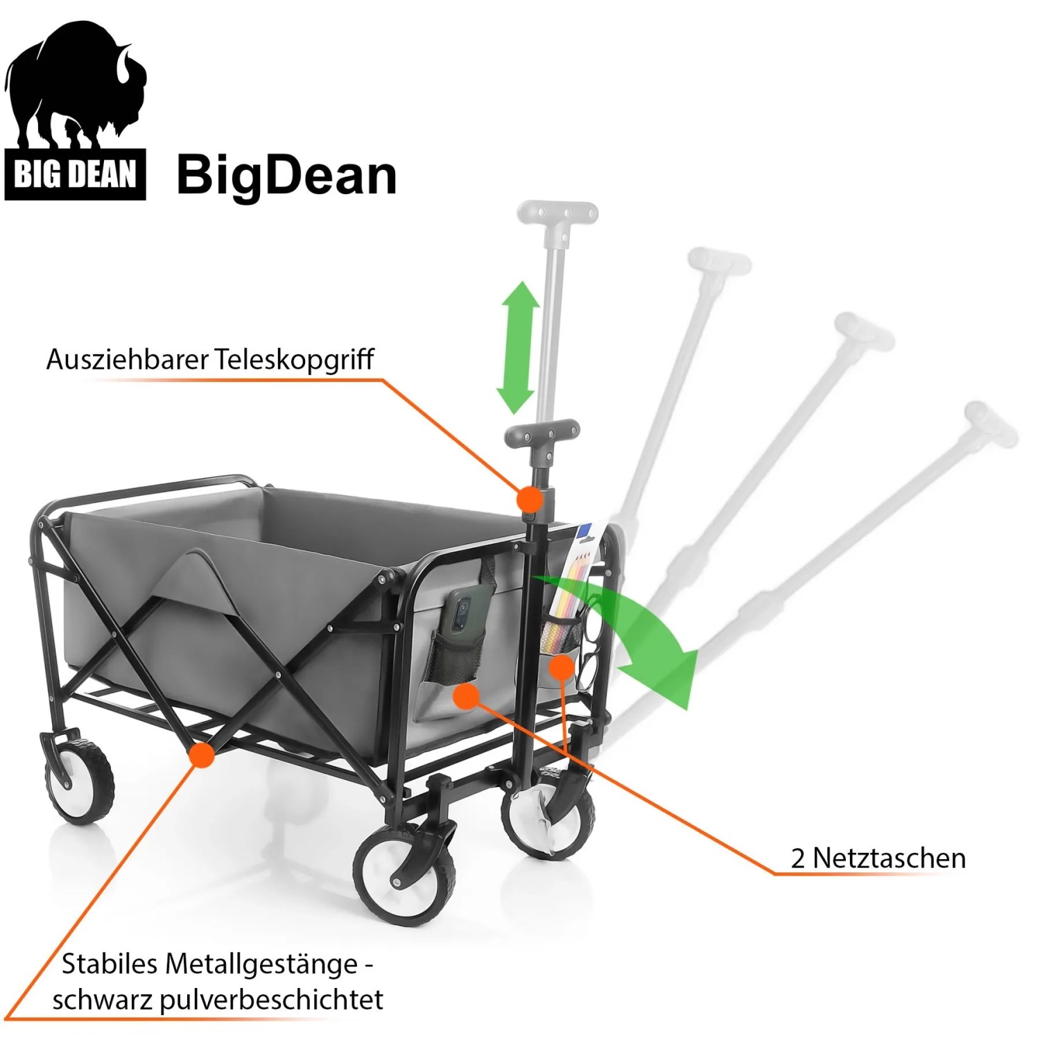 Faltbarer, grauer BigDean Bollerwagen mit Teleskopgriff und Netzfächern, bis 80 kg belastbar.