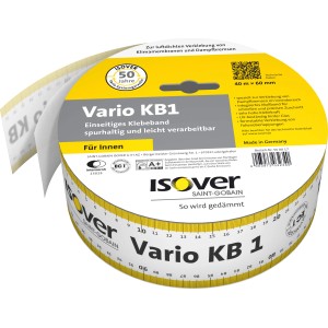 Isover Vario KB1 Klebeband, 60mm x 40m, für Dämmstoffzubehör. Hohe Klebekraft, wasserbeständig, mit integriertem Maßband.