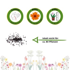 Türkischer Mohn Samen: Illustration mit Aussaat- und Blütehinweisen, sowie Angabe zur Pflanzenhöhe.