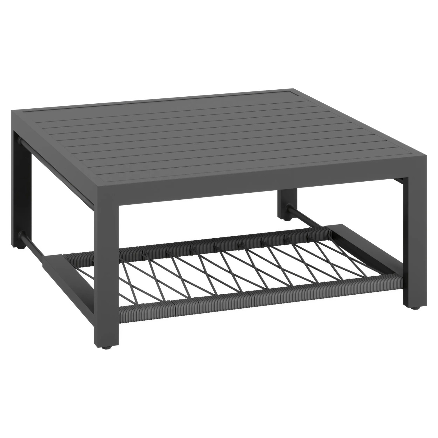Quadratischer Tisch aus dem Lounge-Set Willa, Aluminium anthrazit mit Seilbespannung.