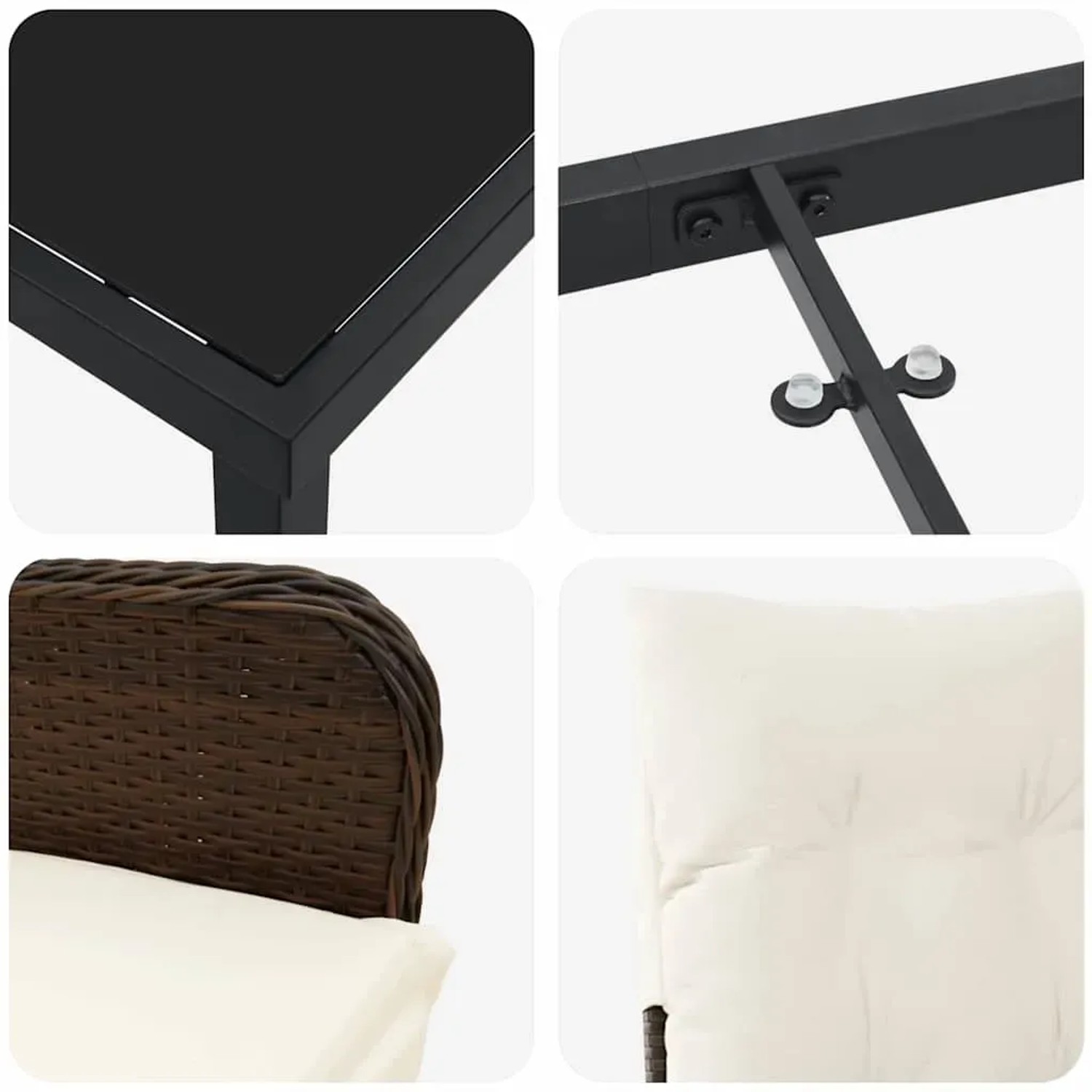 Detailansichten des 5-teiligen Garten-Esszimmer-Sets aus braunem Poly Rattan mit Kissen.
