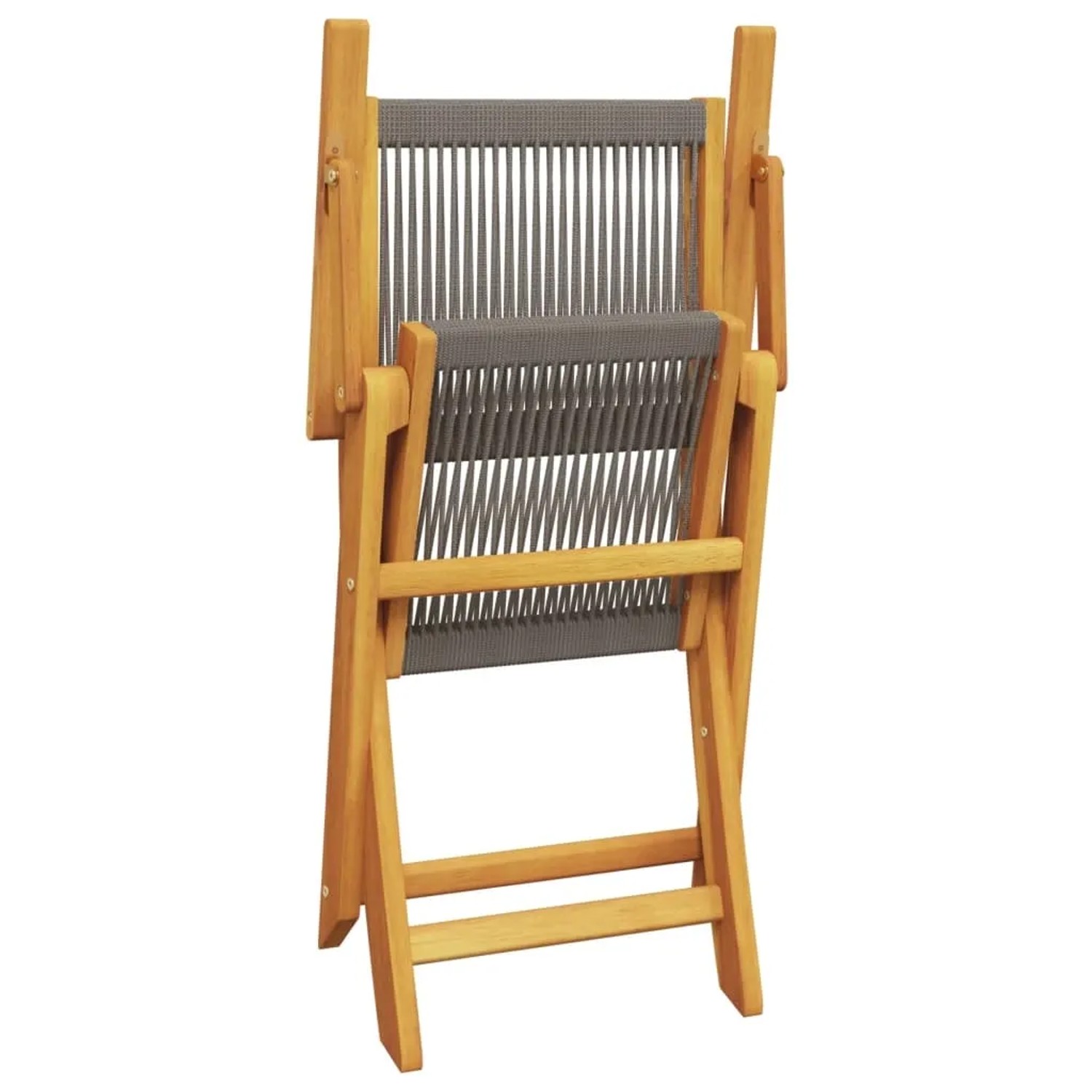 Zusammengeklappter grauer Gartenstuhl aus Holz und Polypropylen, Teil des vidaXL Bistro-Sets.