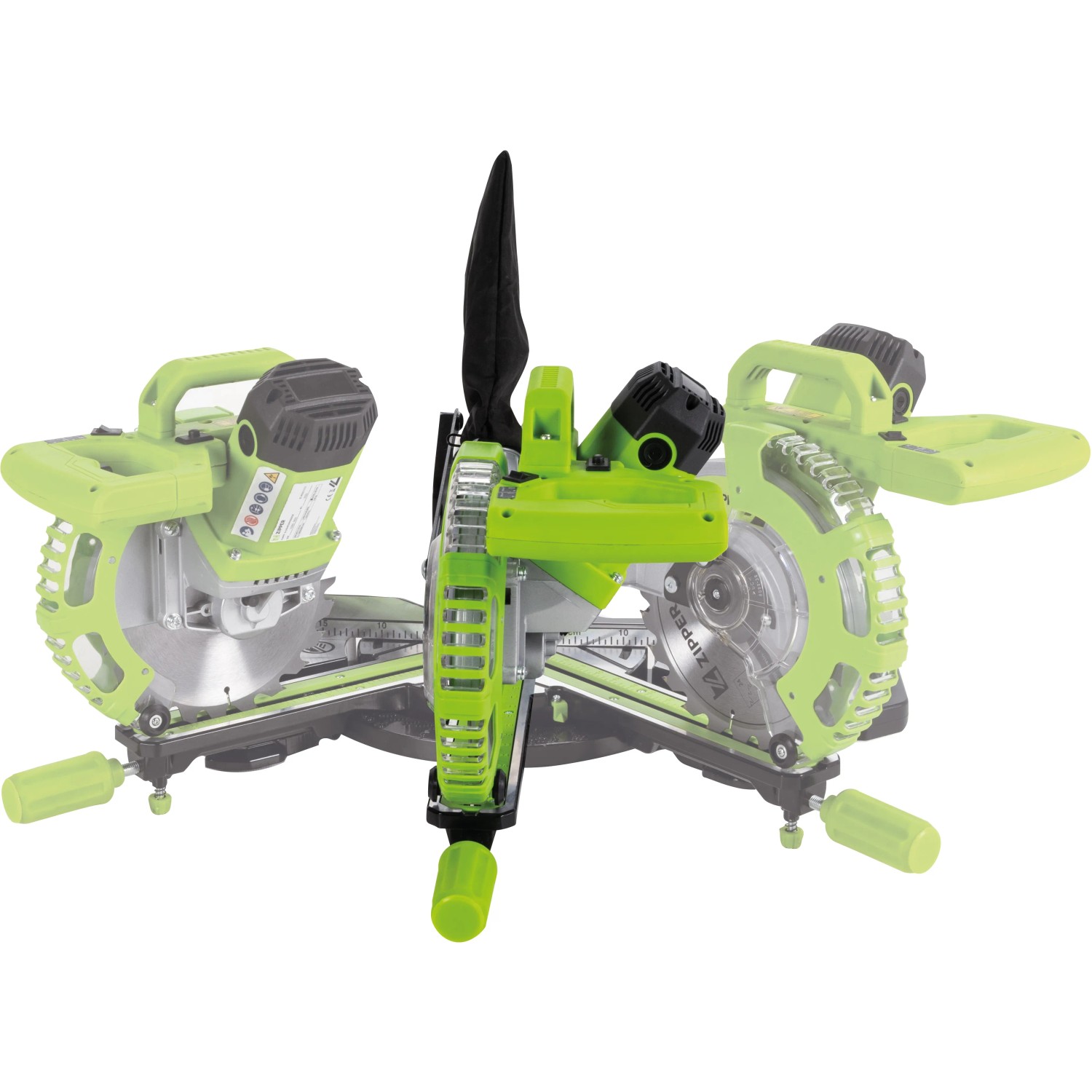 Zipper Kapp- und Gehrungssäge ZI-KGS210DS mit Spänefangsack und Sägeblättern.