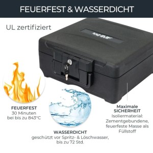 Schwarze HMF feuerfeste Dokumentenbox mit Schlüssel im Schloss, wasserdicht für DIN A4 Ordner und Wertgegenstände. Tresor.