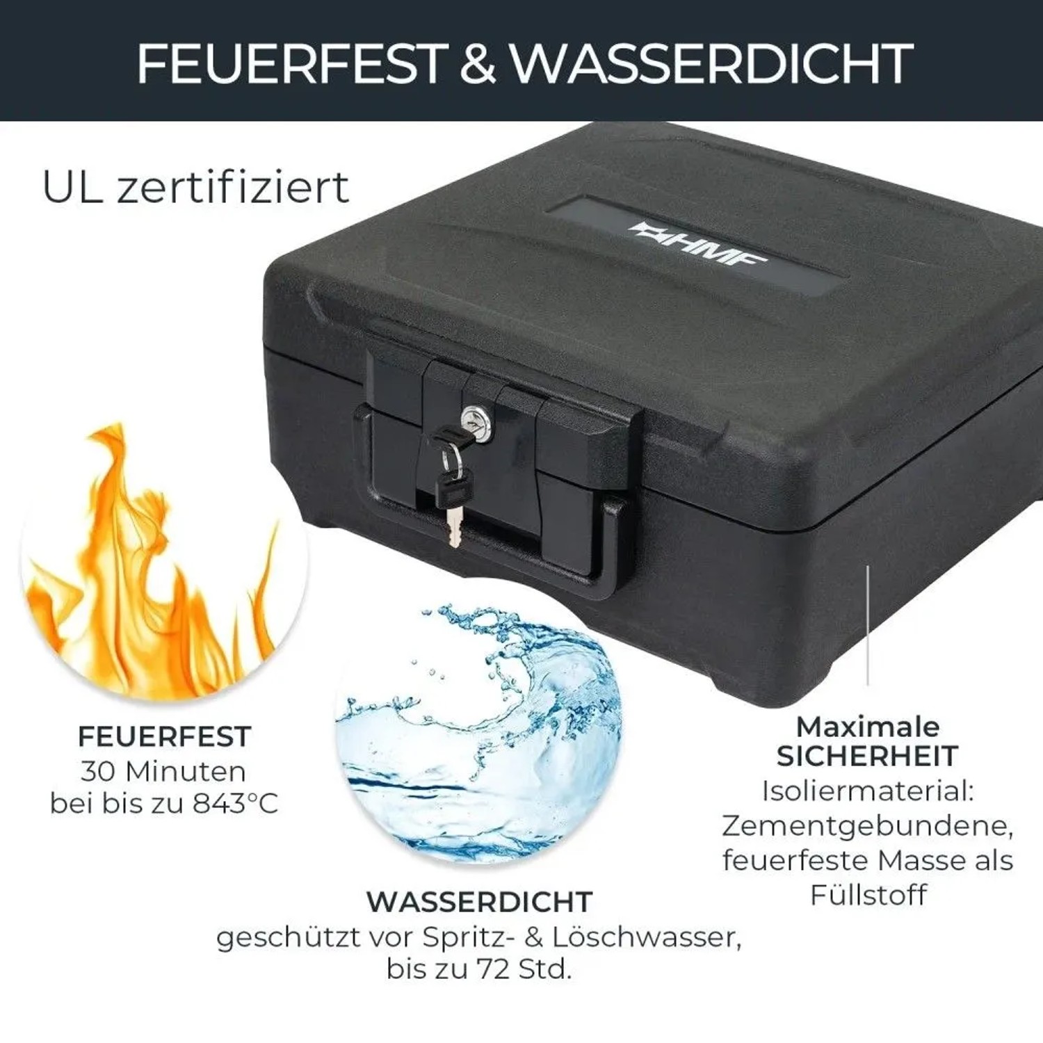 Schwarze HMF feuerfeste Dokumentenbox mit Schlüssel im Schloss, wasserdicht für DIN A4 Ordner und Wertgegenstände. Tresor.