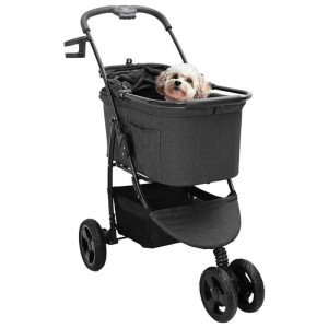 Schwarzer vidaXL Faltbarer Haustierwagen mit Hund im Korb. Ideal für Spaziergänge mit kleinen Hunden.