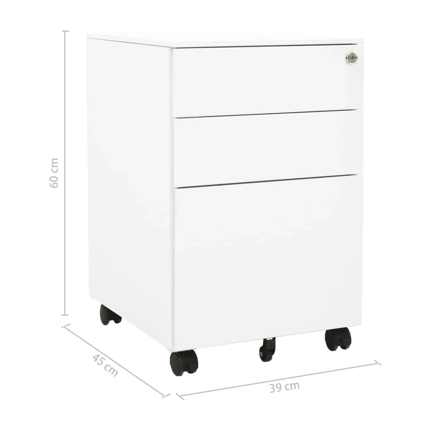 Weißer vidaXL Aktenschrank mit Rollen, 3 Schubladen und Schloss. Ideal für Büro.
