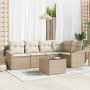 Beiges 6-teiliges Garten-Sofa-Set aus Polyrattan mit Tisch für den Außenbereich.