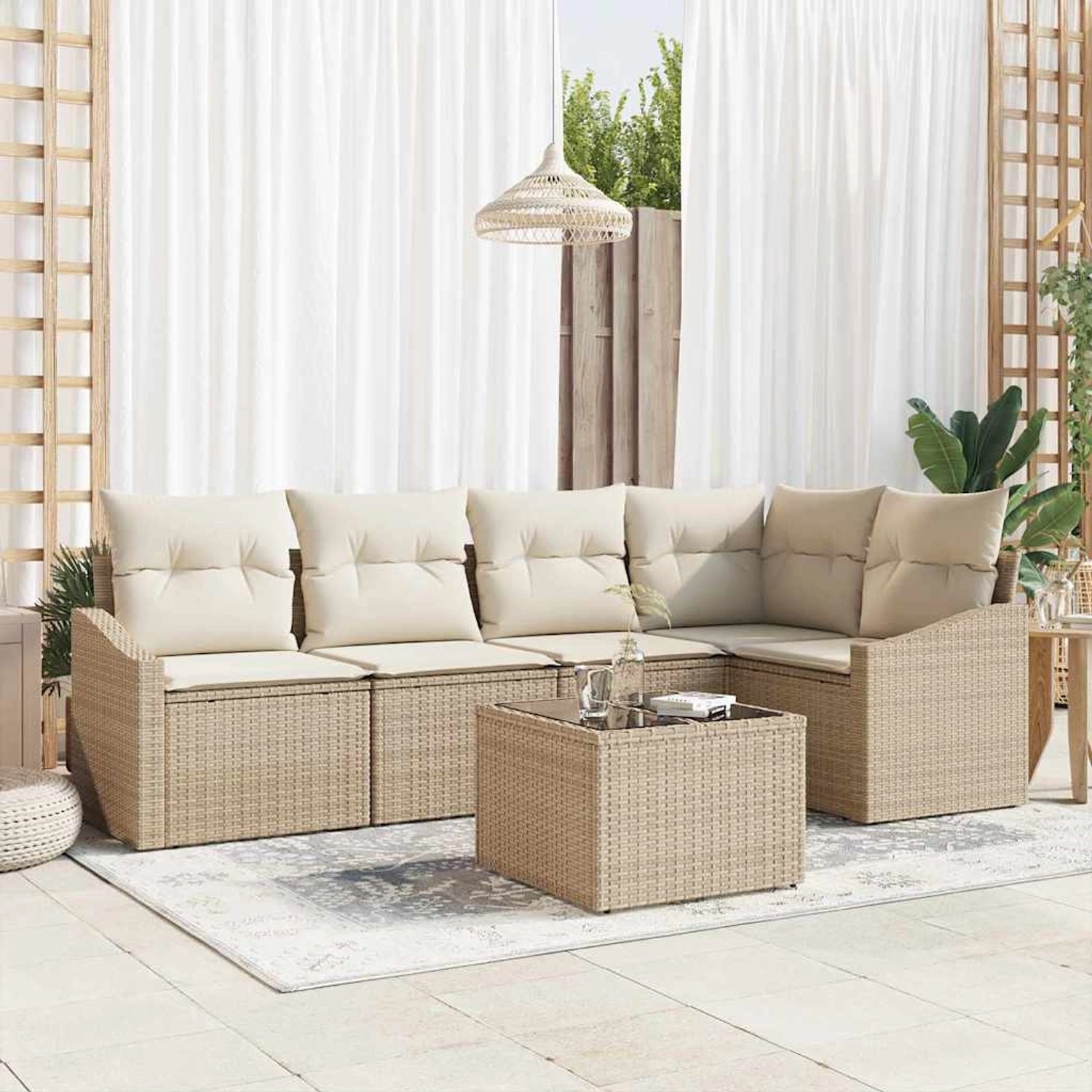 Beiges 6-teiliges Garten-Sofa-Set aus Polyrattan mit Tisch für den Außenbereich.