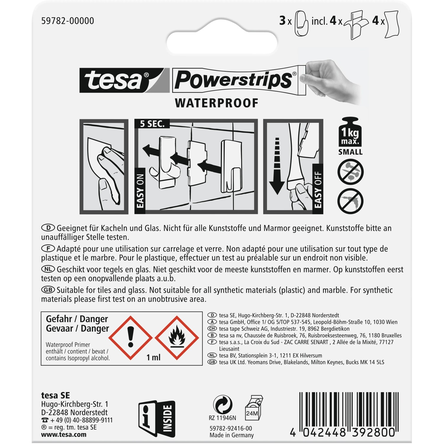 Tesa Waterproof Klebehaken, 3er-Pack mit Powerstrips für Feuchträume, hält bis 1 kg.