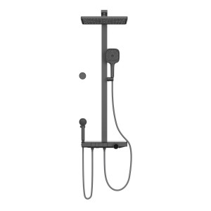 Emke Duschsystem Regendusche Anthrazit mit LED-Anzeige und Glasablage.