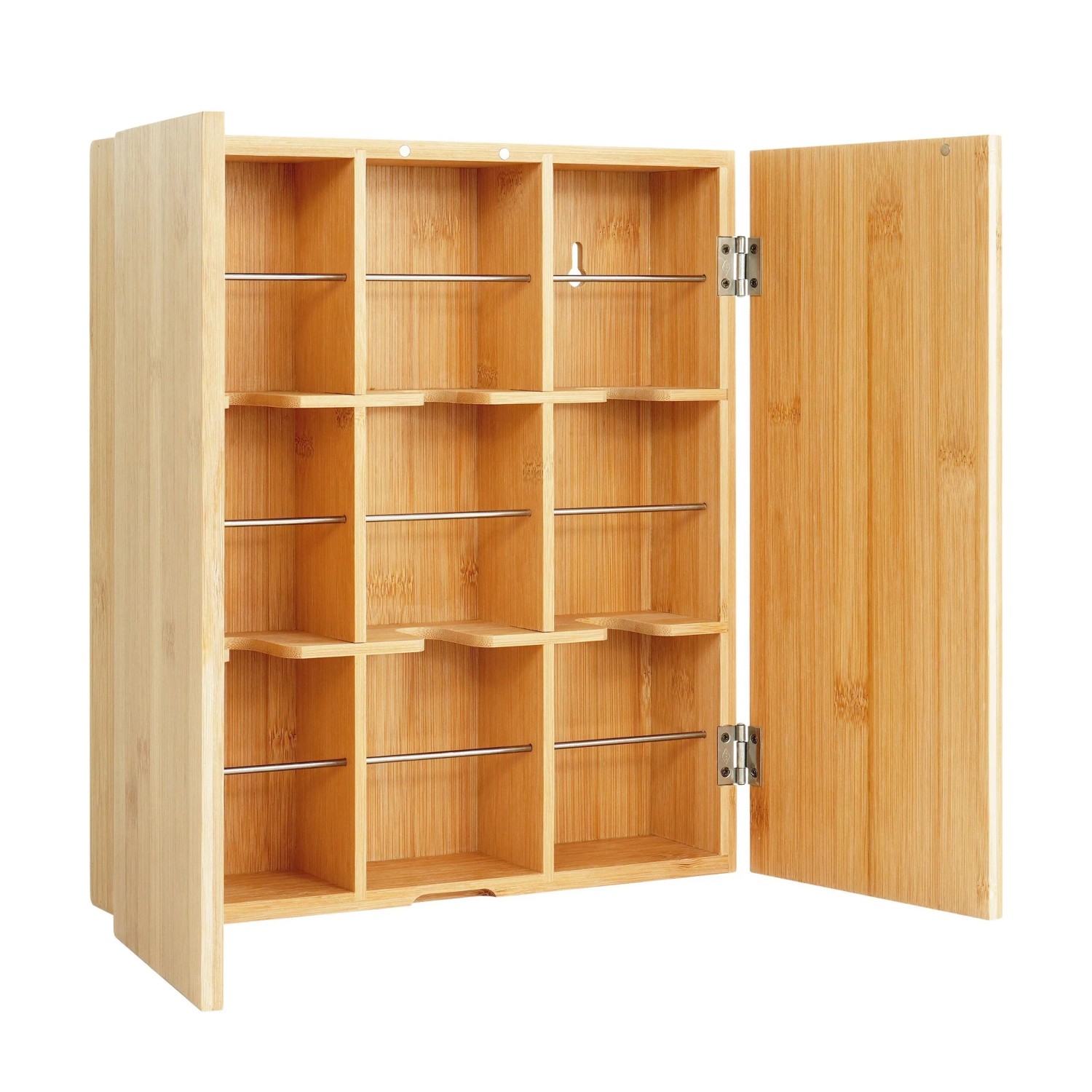 Offene Relaxdays Teebox aus Bambus mit 9 Fächern und Edelstahlstangen zur Wandmontage.