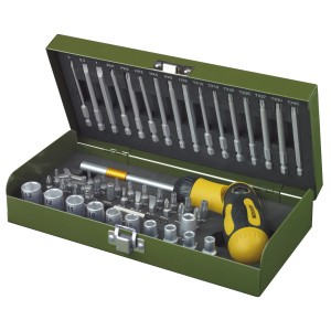 Proxxon Schraubersatz, 54-teilig im grünen Stahlkasten mit Bits, Steckschlüsseln und Schraubendreher.