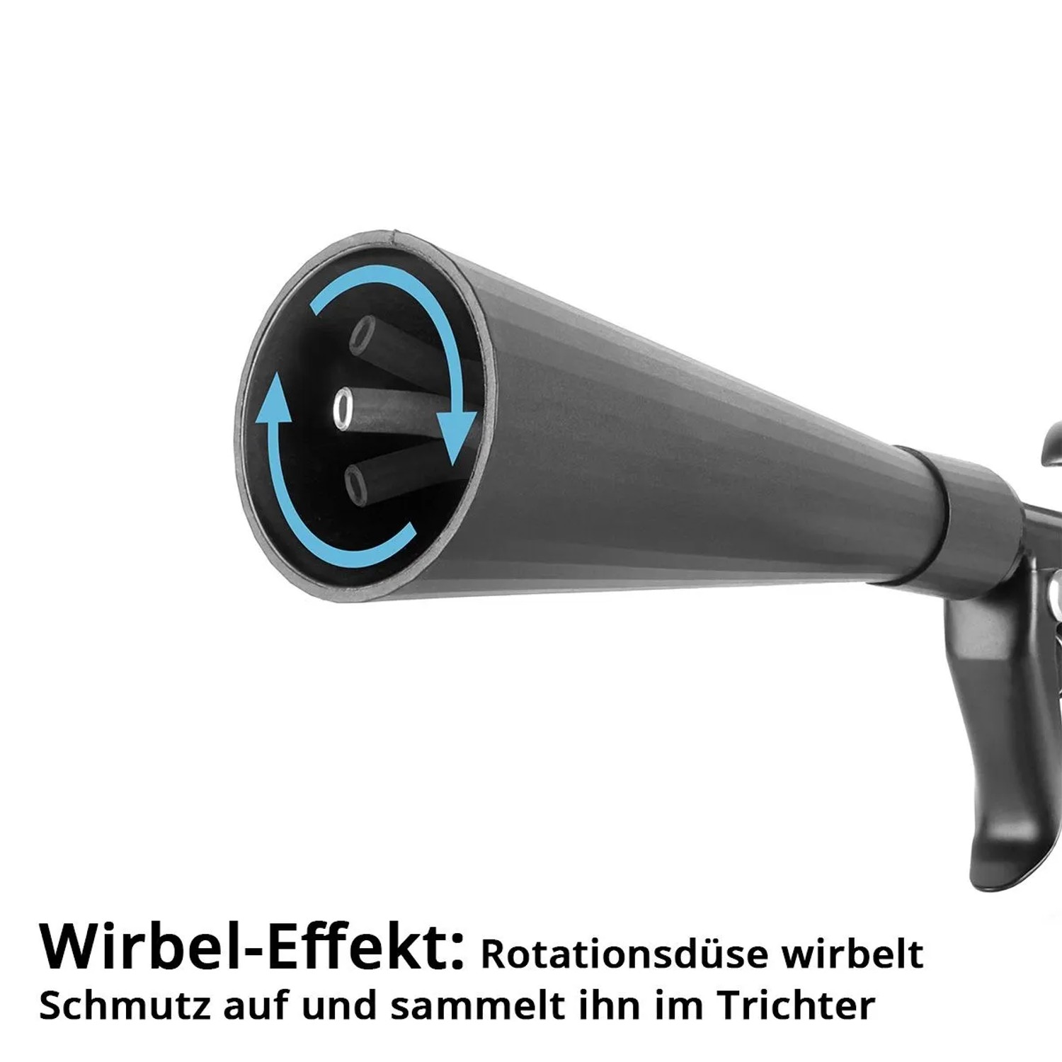 STAHLWERK Trockenreinigungspistole: Rotationsdüse mit Tornadoeffekt, blaue Pfeile zeigen Wirbel. Kompressor Zubehör.
