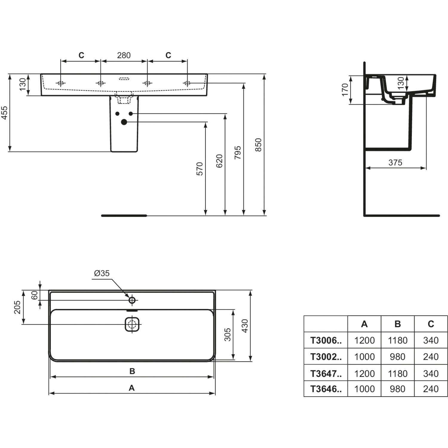 Technische Zeichnung Ideal Standard Strada II Waschtisch, 120 cm, Hahnloch, Überlauf, Abmessungen.