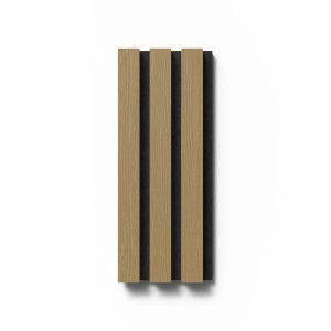 Akustikpaneel Muster Eiche/Schwarz: Wandpaneel mit Holzleisten auf Filz für verbesserte Raumakustik.
