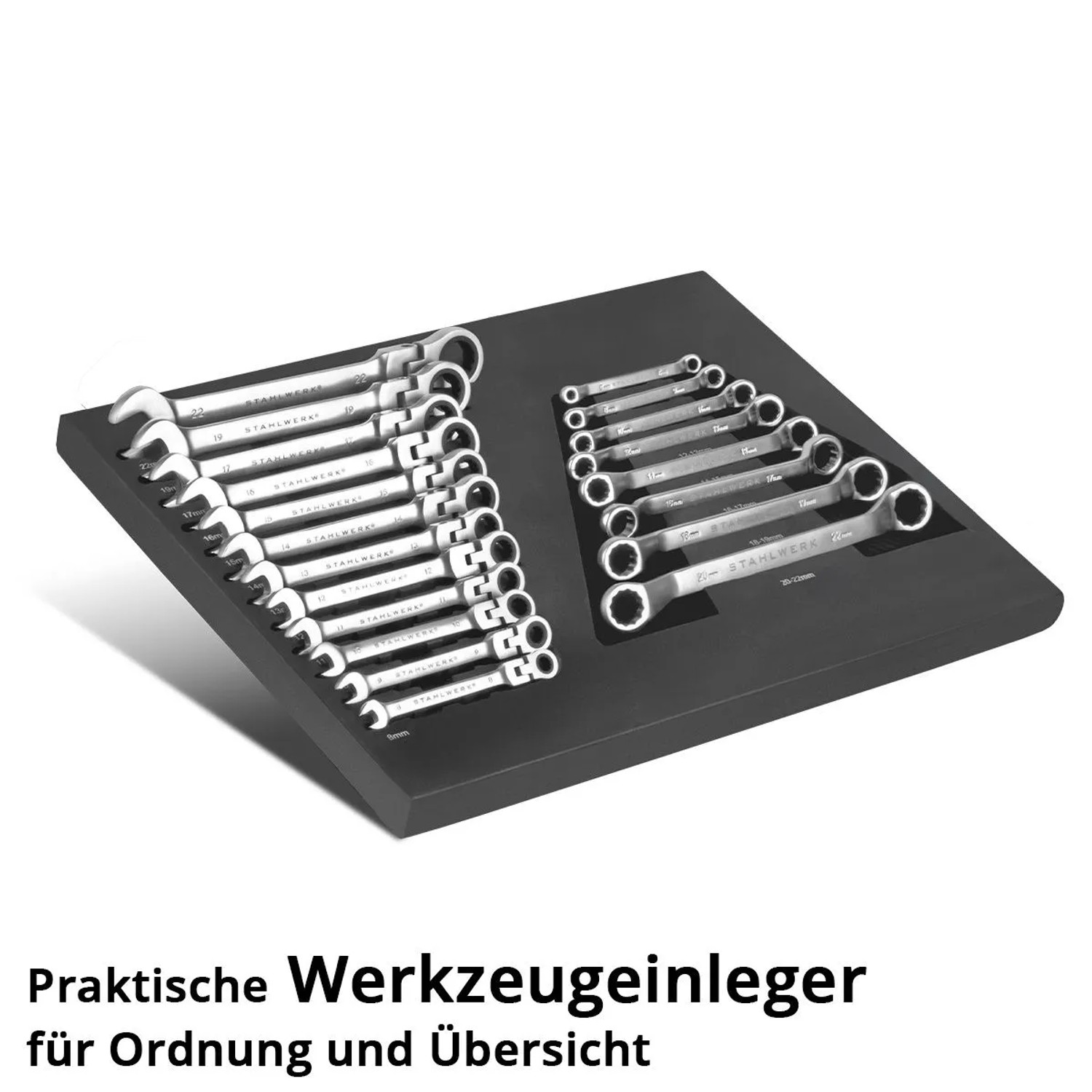 STAHLWERK Werkzeugeinlage mit 20-teiligem Schraubenschlüssel Satz in Weichschaum.