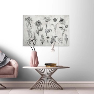 Modernes Wandbild mit botanischer Zeichnung in Grau und Schwarz. Blumen Leinwandbild für Wohnraum und Büro.