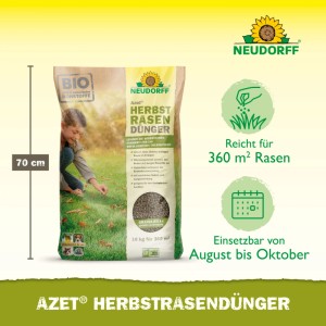 Neudorff Azet Herbstrasen-Dünger 18 kg im Beutel, für 360 m² Rasen, anwendbar August bis Oktober.