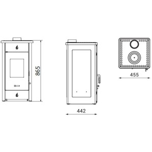 Technische Zeichnung Wamsler Luke Kaminofen: Maße und Ansichten des weißen Stahl-Kaminofens.